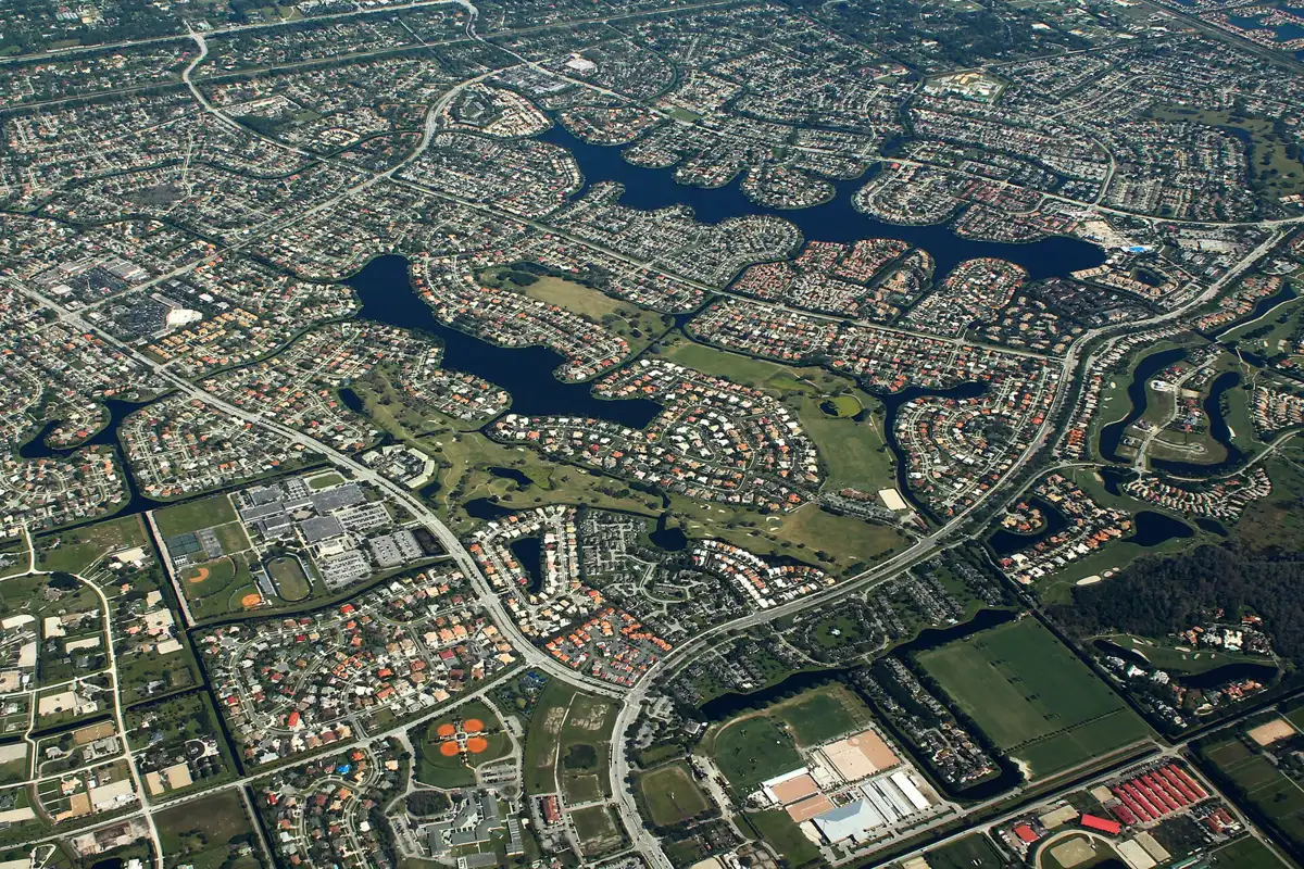 Wellington's lake-lined neighborhoods, golf course, ballfields and horse show grounds seen from the air.