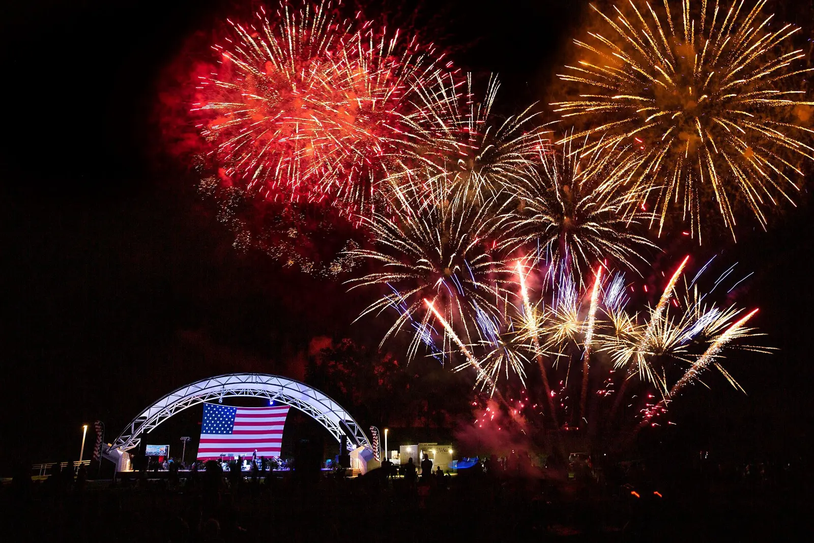 Fourth of July fireworks over a community park celebration in Alachua, Florida.