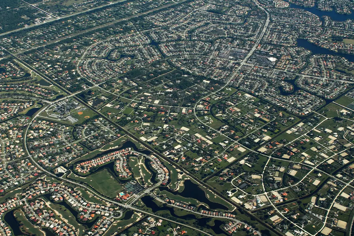 Wellington neighborhoods, ranch lots and canals seen from the air.