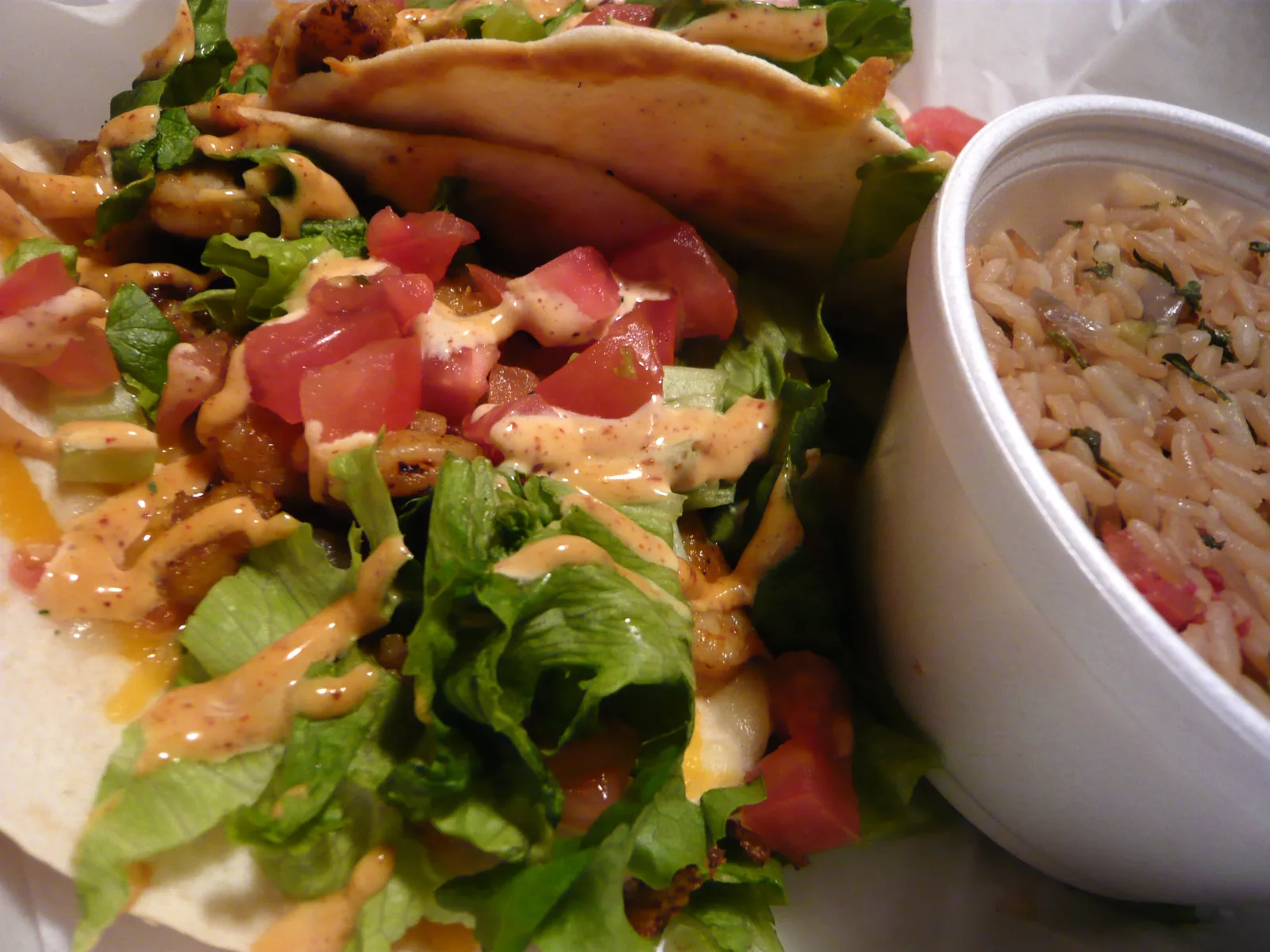 Shrimp tacos with chipotle sauce. The photo was not taken at a Wellington restaurant.
