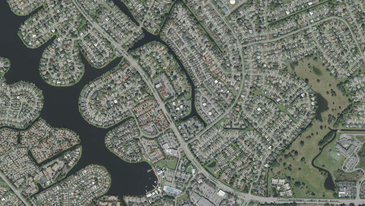 Lake Wellington, Forest Hill Boulevard and the streets of homes around Wellington Town Center, in a USDA aerial photograph from 2022.