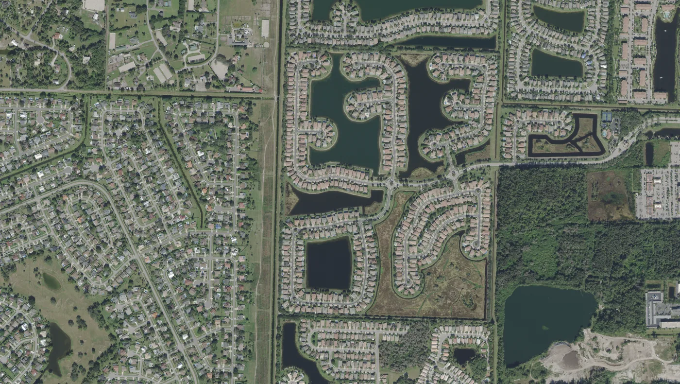 Ranch lots, gated communities and lakes in northeast Wellington, north of Forest Hill Boulevard and west of State Road 7, in a USDA aerial photograph from 2022.