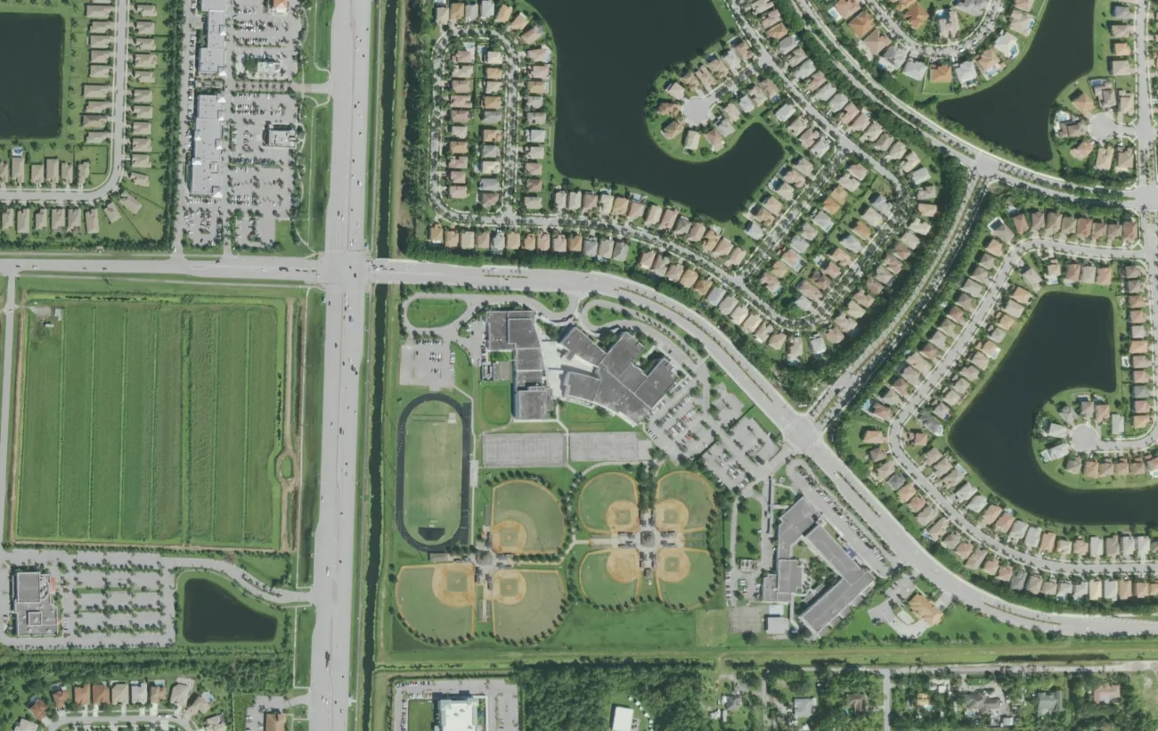 Emerald Cove Middle School on Stribling Way from the air in 2017, with its track and the ball fields beside it
