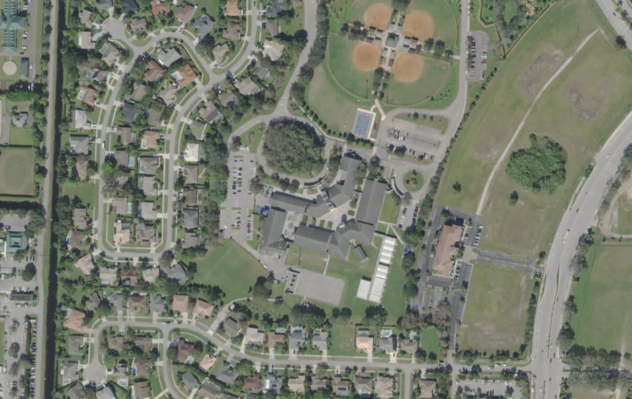 New Horizons Elementary on Greenbriar Boulevard in Wellington from the air, with ball fields to the north