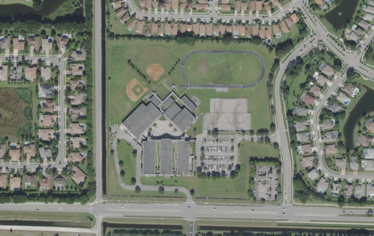 Polo Park Middle School on Lake Worth Road in Wellington from the air, with its track and ball fields