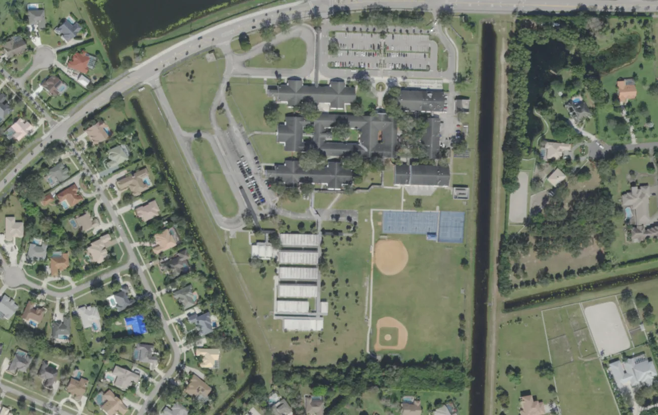 Wellington Landings Middle School on Aero Club Drive from the air, with its ball fields and courts