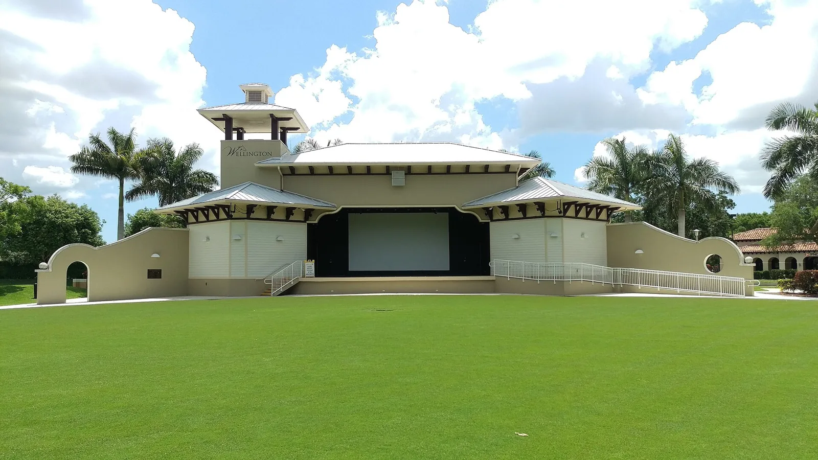 The stage and lawn of the Wellington Amphitheater on Forest Hill Boulevard, home of the village's free Thursday and weekend concerts.