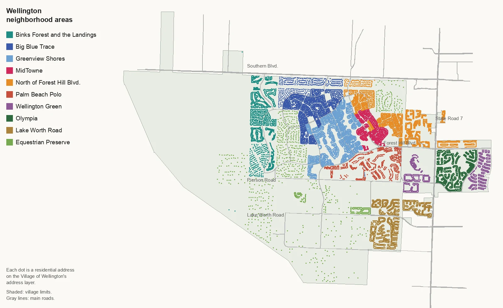Map of Wellington village limits with residential addresses colored by area: Binks Forest and the Landings in the west; Big Blue Trace, Greenview Shores and MidTowne in the middle; north of Forest Hill Boulevard in the northeast; Palm Beach Polo, Wellington Green and Olympia in the east; Lake Worth Road in the southeast; and the Equestrian Preserve across the south and west